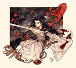  black_eyes black_hair chinese_clothes cup demetrio highres lantern long_hair male_focus paper_lantern sakazuki shang_bu_huan solo sword thunderbolt_fantasy traditional_media watercolor_(medium) weapon 