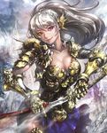  architecture armor armored_boots armored_dress artstation_sample blue_eyes boots breasts castle cleavage closed_mouth cloud cloudy_sky collarbone contrapposto cowboy_shot gauntlets grey_hair hair_ornament highres holding holding_sword holding_weapon image_sample jay_b_lee katana large_breasts lips lipstick long_hair looking_at_viewer makeup original pauldrons pelvic_curtain pink_lips pink_lipstick ponytail scabbard sheath sky solo standing sword thigh_boots thighhighs unsheathing weapon 