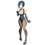  black_gloves black_hair black_legwear bokenasu bow bowtie breasts cleavage croupier detached_collar elbow_gloves full_body gloves high_heels leotard original pantyhose short_hair small_breasts solo very_short_hair yellow_eyes 