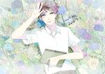  2016 artist_name bad_id bad_pixiv_id belt bishounen blue_flower blue_rose brown_eyes daisy dated expressionless floral_background flower gradient_hair hand_on_own_forehead heterochromia lavender_eyes looking_at_viewer lying male_focus miyata_kana multicolored_hair notebook on_back open_hand original rose shirt short_sleeves solo white_shirt 