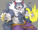  2016 abs action_pose angry anthro attack biceps big_muscles black_nose blue_fur canine claws clenched_teeth clothed clothing darkstalkers digital_media_(artwork) fangs fighting_stance fire flakjacket0204 fur grey_background hi_res jon_talbain long_claws looking_at_viewer male mammal multicolored_fur muscular muscular_male orange_eyes pants pecs sharp_claws sharp_teeth simple_background solo standing teeth topless two_tone_fur vein video_games were werewolf white_fur yellow_claws 