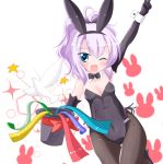  1girl ;d ahoge animal animal_ears arm_up azur_lane bangs bare_shoulders bird black_footwear black_gloves black_hairband black_hat black_leotard black_ribbon blush breasts brown_legwear bunny_ears bunny_girl bunnysuit collarbone commentary_request dove elbow_gloves eyebrows_visible_through_hair fake_animal_ears gloves hair_between_eyes hair_ribbon hairband hat hat_removed headwear_removed high_heels holding holding_hat javelin_(azur_lane) kanijiru leotard medium_breasts one_eye_closed open_mouth pantyhose ponytail purple_hair ribbon shoes smile solo star strapless strapless_leotard top_hat wrist_cuffs 