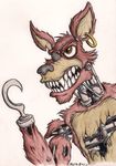  2016 angry animatronic anthro canine clothed clothing damaged ear_piercing exposed_endoskeleton eye_patch eyewear fangs five_nights_at_freddy&#039;s fox foxy_(fnaf) front_view hook hook_hand jewelry machine male mammal metalsmile piercing pirate pose robot sharp_teeth simple_background solo standing teeth topless traditional_media_(artwork) video_games watercolor_(artwork) white_background wires 