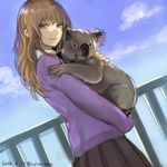  2016 animal black_skirt brown_hair closed_mouth cloud dated day dutch_angle eyebrows eyebrows_visible_through_hair from_side holding holding_animal koala long_hair number original outdoors pink_eyes pleated_skirt purple_sweater railing skirt sky smile sweater twitter_username uraki_(tetsu420) 