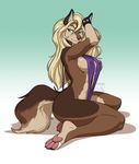  anthro breasts canine clothed clothing ear_piercing female kittydee kneeling mammal mostly_nude nipple_bulge piercing skimpy smile solo v_sling 