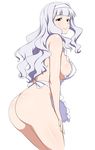  absurdres apron ass blush breasts cowboy_shot hairband hands_on_own_thighs highres idolmaster idolmaster_(classic) jabara_tornado large_breasts leaning_forward long_hair looking_at_viewer looking_back naked_apron no_bra no_panties purple_eyes shijou_takane sideboob silver_hair simple_background smile solo standing white_background 