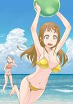  armpits arms_up ball beach beachball bikini blue_hair blush breast_slip breasts brown_eyes brown_hair cloud day medium_breasts multiple_girls murakumo_takeru navel nipples ocean open_mouth original outdoors sky summer swimsuit wardrobe_malfunction 