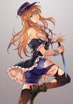  bad_id bad_pixiv_id black_legwear blonde_hair blue_eyes dress hat injury long_hair male_focus midare_toushirou otoko_no_ko pico_(picollector79) shorts solo standing standing_on_one_leg sword tantou thighhighs torn_clothes torn_dress torn_legwear torn_shorts touken_ranbu weapon 