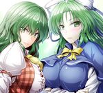  &gt;:) arm_garter ascot blush bow bowtie breast_hold breast_press breasts buttons capelet closed_mouth collared_shirt crossed_arms dress_shirt green_eyes green_hair hair_bow hair_intakes juliet_sleeves kazami_yuuka large_breasts long_hair long_sleeves looking_at_viewer looking_to_the_side mima multiple_girls open_clothes open_vest plaid plaid_vest puffy_sleeves shirt smile stage_connection symmetrical_docking touhou touhou_(pc-98) trait_connection upper_body v-shaped_eyebrows vest white_bow y2 yellow_bow yellow_neckwear 