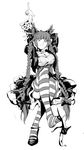  :3 animal_ears arms_up bell bow braid breasts cat_ears choker cleavage dress extra_ears frilled_dress frills greyscale hair_bow high_heels highres jingle_bell kaenbyou_rin legs long_hair medium_breasts monochrome pointing pointy_ears puffy_sleeves ruukii_drift shoe_dangle sitting sketch solo striped striped_legwear thighhighs touhou twin_braids very_long_hair 