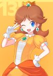  1girl ;d blue_eyes brooch brown_hair crown dress earrings eyebrows_visible_through_hair flower_earrings gem gloves green_eyes hand_on_hip hand_up jewelry long_hair looking_at_viewer mario_(series) nintendo number one_eye_closed open_mouth orange_background orange_dress princess princess_daisy puffy_short_sleeves puffy_sleeves short_sleeves smile solo suta_(clusta) white_gloves 