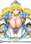  aqua_eyes armor bikini_armor blonde_hair blue_nails breasts center_opening cinderella_(queen's_blade_grimoire) cleavage detached_collar faulds flipped_hair frilled_sleeves frills large_breasts long_hair looking_at_viewer nail_polish official_art parted_lips pauldrons queen's_blade queen's_blade_grimoire saburou_(hgmg) showgirl_skirt simple_background sitting smile solo thighhighs tiara wariza white_background white_legwear wide_sleeves 