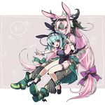  2girls :3 \m/ animal_ears animal_print aqua_hair astaroth_(p&amp;d) blush boots bracer bunny_ears bunny_print bunny_tail bunnysuit cauchemar_(p&amp;d) chain dated earrings garters green_eyes hair_ribbon highres horns hug hug_from_behind jewelry kozakura_(dictionary) long_hair looking_at_viewer multiple_girls nail_polish open_mouth pink_eyes pink_hair pink_skin puzzle_&amp;_dragons ribbon sitting sitting_on_lap sitting_on_person sweatdrop tail wrist_cuffs 