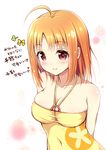  ahoge breasts casual_one-piece_swimsuit cleavage geko large_breasts love_live! love_live!_sunshine!! one-piece_swimsuit orange_hair red_eyes short_hair smile solo standing swimsuit takami_chika translated yellow_swimsuit 