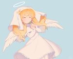  angel_wings blonde_hair chromatic_aberration closed_eyes clover cross dress four-leaf_clover habit halo hands_clasped headwear holding jewelry kiri_futoshi nun own_hands_together pendant poet_(pop'n_music) pop'n_music smile solo twintails white_dress wings 