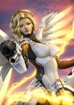  aiming_at_viewer black_gloves blonde_hair blue_eyes bodysuit breasts cloud cloudy_sky cowboy_shot emblem energy gloves glowing glowing_wings gun handgun high_ponytail highres holding holding_gun holding_staff holding_weapon lips looking_at_viewer md5_mismatch mechanical_halo mechanical_wings medium_breasts mercy_(overwatch) nose outdoors overwatch pantyhose pistol ponytail purple_sky realistic sky solo spread_wings staff swiss_flag weapon wings yellow_wings zamberz 