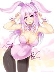  animal_ears bare_shoulders black_legwear blush bow bowtie breasts bunny_ears bunny_girl bunnysuit cleavage covered_navel cu-no detached_collar fake_animal_ears heart hisenkaede huge_breasts leotard long_hair looking_at_viewer open_mouth original pantyhose paw_pose pink_leotard purple_eyes purple_hair simple_background solo twitter_username white_background wrist_cuffs yayoi_sakura 