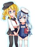  2girls anchor black_legwear blonde_hair blush book child eyebrows eyebrows_visible_through_hair glasses hair_ornament hand_holding hat heart hibiki_(kantai_collection) holding i-8_(kantai_collection) kantai_collection long_hair looking_at_viewer multiple_girls navel one_piece_swimsuit p3_(co2_3p) sailor_uniform shiny shiny_hair simple_background skirt smile standing swimsuit thighhighs uniform white_background white_legwear 