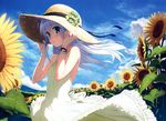  absurdres bare_shoulders blue_eyes blue_hair blush bracelet breasts cloud day dress flower from_side hand_on_headwear hat head_tilt hibiki_(kantai_collection) highres honjou_masato jewelry kantai_collection long_hair looking_at_viewer outdoors parted_lips scan sky sleeveless sleeveless_dress small_breasts solo straw_hat sun_hat sundress sunflower white_dress wind 