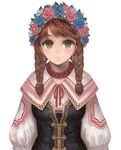  braid brown_eyes closed_mouth corset expressionless eyelashes flower freckles hair_flower hair_ornament hair_over_shoulder head_wreath isakawa_megumi jewelry lips looking_at_viewer multiple_braids necklace red_hair simple_background solo twintails upper_body white_background 