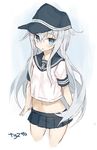  blue_eyes breasts cropped_legs goekawa hair_between_eyes hat hibiki_(kantai_collection) kantai_collection long_hair midriff miniskirt navel pleated_skirt school_uniform serafuku sidelocks silver_hair simple_background sketch skirt small_breasts solo twitter_username very_long_hair 