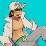  abs bad_id bad_twitter_id baseball_cap black_hair blue_background dark_skin dark_skinned_male facial_hair goatee hat kiri_futoshi kukui_(pokemon) labcoat male_focus muscle nipples open_mouth pants pokemon pokemon_(game) pokemon_sm shirtless signature simple_background sitting sleeves_rolled_up smile solo sunglasses sweatpants upper_body 