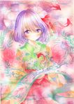  2016 acrylic_paint_(medium) blush bow dated fish flower goldfish hair_bow hair_flower hair_ornament hieda_no_akyuu japanese_clothes light_particles looking_at_viewer marker_(medium) mosho purple_eyes purple_hair scroll short_hair signature silhouette smile solo touhou traditional_media water watercolor_(medium) 