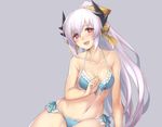  :d arm_support bare_arms bare_shoulders bikini blue_bikini blue_ribbon bow breasts cleavage collarbone dark_skin earrings fate/grand_order fate_(series) frilled_bikini frills front-tie_bikini front-tie_top grey_background hair_bow heart heart-shaped_pupils horns jewelry kiyohime_(fate/grand_order) kiyohime_(swimsuit_lancer)_(fate) lavender_hair long_hair looking_at_viewer medium_breasts navel open_mouth oukawa_yuu ponytail red_eyes ribbon side-tie_bikini silver_hair simple_background sitting smile solo stomach swimsuit symbol-shaped_pupils teeth thighs very_long_hair yellow_bow yokozuwari 