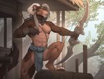  2016 5_fingers abs anthro armor arrow athletic beard biceps bow_(weapon) bracers branch brown_fur caprine cat claws clothed clothing collar detailed_background digital_media_(artwork) facial_hair feline forge_(artist) fur goatee green_eyes grey_hair hair holding_object holding_weapon horn hunter hybrid log loincloth male mammal multicolored_fur nipples outside pecs quiver ranged_weapon solo step_pose tan_fur toe_claws topless tree tree_house weapon wood 