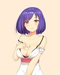  black_bra blush bra breasts cleavage collarbone dress hair_ornament hairclip hand_on_own_chest large_breasts looking_at_viewer off_shoulder original purple_eyes purple_hair short_hair simple_background smile solo strap_slip underwear white_dress zimajiang 
