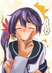  1girl absurdres admiral_(kantai_collection) akebono_(kantai_collection) bell blush cheek_pinching closed_eyes flower hair_bell hair_flower hair_ornament hand_on_another's_cheek hand_on_another's_face highres jingle_bell kantai_collection long_hair pinching pov purple_hair school_uniform serafuku short_sleeves side_ponytail sketch solo_focus very_long_hair yankee41 