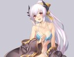  :d arm_support bare_arms bare_shoulders bikini blue_bikini blue_ribbon bow breasts cleavage collarbone dark_skin earrings fate/grand_order fate_(series) frilled_bikini frills front-tie_bikini front-tie_top grey_background hair_bow horns jewelry kiyohime_(fate/grand_order) kiyohime_(swimsuit_lancer)_(fate) lavender_hair long_hair long_sleeves looking_at_viewer medium_breasts navel open_mouth oukawa_yuu ponytail red_eyes ribbon silver_hair simple_background sitting smile solo stomach swimsuit teeth thighs very_long_hair wide_sleeves yellow_bow yokozuwari 