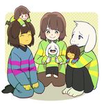  ambiguous_gender asriel_dreemurr barefoot blush boss_monster brown_hair caprine chara_(undertale) child clothed clothing cub eyes_closed footwear fully_clothed fur goat group hair hair_tuft holding_character human humanoid kneeling long_ears male mammal open_mouth pants peppercutinator protagonist_(undertale) shoes sitting smile striped_topwear stripes sweater undershirt undertale video_games white_fur young 