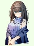  black_hair blue_eyes blush breasts hairband highres idolmaster idolmaster_cinderella_girls kazenoko large_breasts long_hair looking_at_viewer meme_attire parted_lips ribbed_sweater sagisawa_fumika shawl sideboob simple_background sleeveless sleeveless_turtleneck solo sweater turtleneck virgin_killer_sweater 