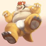  2016 3_toes 4_fingers adios anthro biceps bowser bulge claws clothed clothing collar digital_media_(artwork) fundoshi green_scales hair hi_res horn japanese_clothing jumping koopa looking_at_viewer looking_down low-angle_view male mario_bros multicolored_scales musclegut muscular muscular_male nintendo open_mouth pecs pink_tongue plantigrade red_hair scales scalie simple_background smile smirk soles solo tan_scales teeth the_farewelled toe_claws toes tongue topless underwear video_games yellow_scales 