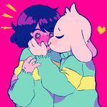  &lt;3 ambiguous_gender anthro asriel_dreemurr blush boss_monster brown_hair caprine chara_(undertale) child clothed clothing cub duo eyes_closed fully_clothed fur goat hair hair_tuft human human_on_anthro humanoid interspecies kissing long_ears male mammal on_the_lips pink_background shocked simple_background sohnano striped_topwear stripes sweat sweater undertale video_games white_fur young 