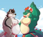  2016 ace_(swaggyaces) almasy anthro beach beard beige_nipples belly biceps black_fur black_hair black_nose blue_sky brown_eyes bulge canine clothed clothing cloud day detailed_background digital_media_(artwork) dragon duo eye_contact facial_hair fur goatee green_scales grey_fur hair highlights horn jockstrap laggio male mammal multicolored_fur multicolored_scales musclegut muscular muscular_male nipples outside pecs pink_nipples raised_arm red_eyes red_hair red_highlights scales scalie sea seaside side_view sky smile speedo spikes standing swimsuit tan_scales topless two_tone_scales underwear water white_fur wolf 