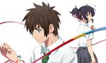  1girl :| ahoge black_hair blue_eyes brown_eyes brown_hair closed_mouth hair_ribbon kimi_no_na_wa looking_at_another miyamizu_mitsuha red_ribbon ribbon sakamoto_seiyaku school_uniform short_hair tachibana_taki v-shaped_eyebrows 