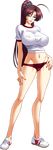  1girl ahoge bishop_(company) breasts brown_hair erect_nipples full_body kagami kanami large_breasts long_hair looking_at_viewer midriff mifuyu_kamijou navel parted_lips ponytail purple_eyes sansha_mendan smile solo standing 