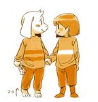  ambiguous_gender anthro arrow asriel_dreemurr barefoot blush boss_monster caprine chara_(undertale) child clothed clothing cub duo flower footwear fully_clothed fur goat hair hair_tuft hand_holding human humanoid japanese_text long_ears male mammal monochrome pants plant sepia shoes simple_background smile striped_topwear stripes sweater text tiptoes undertale video_games white_background yokoshimako young 