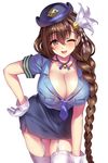  bell bell_choker blush braid breasts brown_eyes brown_hair choker cleavage collarbone gan_(shanimuni) garter_straps gloves hair_ornament hand_on_hip highres kanpani_girls large_breasts long_hair looking_at_viewer md5_mismatch mole mole_under_eye necktie one_eye_closed open_mouth pencil_skirt police police_uniform shirayuri_sakura simple_background single_braid skirt smile solo thighhighs uniform white_background white_gloves white_legwear wrist_flexed 