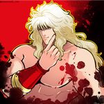  bad_id bad_pixiv_id blonde_hair hokuto_no_ken long_hair male_focus mayuzumi muscle shachi_(hokuto_no_ken) shirtless smile solo splatter twitter_username wristband 