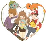  2boys ;) anniversary bad_id bad_pixiv_id baseball_cap black_hair blue_(pokemon) blue_eyes brown_hair bulbasaur charmander gen_1_pokemon gloves hat heart jewelry long_hair mochi730 multiple_boys necklace one_eye_closed ookido_green pikachu pokemon pokemon_(creature) pokemon_(game) pokemon_rgby red_(pokemon) red_(pokemon_rgby) salute smile squirtle two-finger_salute v white_gloves 