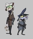  anthro boots canine cat clothed clothing dog duo eleanor fangs feline female footwear fully_clothed gloves green_sclera hat hi_res lenyavok mammal uniform yellow_sclera yvette 