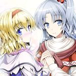  alice_margatroid blonde_hair blue_eyes blush capelet closed_mouth hair_bobbles hair_ornament hairband holding_hands long_hair long_sleeves looking_at_viewer looking_to_the_side mother_and_daughter multiple_girls nose_blush one_side_up red_hairband shinki short_hair silver_eyes silver_hair smile touhou touhou_(pc-98) white_background y2 