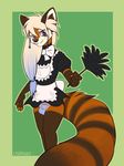  2016 anthro blonde_hair blue_hair bow_tie braided_hair brown_fur casparr clothed clothing crossdressing erection erection_under_clothes feather_duster foreshortening front_view fur girly gloves_(marking) green_background hair lokkun long_tail looking_at_viewer maid_uniform male mammal markings multicolored_fur multicolored_hair panties penis penis_base poking_out ponytail portrait purple_eyes red_panda simple_background skimpy socks_(marking) solo standing striped_tail stripes three-quarter_portrait two_tone_hair underwear uniform whiskers white_fur 
