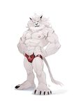  2016 5_toes abs anthro biceps black_markings black_nose blue_eyes bulge claws clothed clothing digimon digital_media_(artwork) ear_piercing feline front_view full-length_portrait furrybob hands_on_hips hi_res iceleomon leomon lion male mammal mane markings muscular muscular_male nipples panjyamon pecs piercing pink_nipples plantigrade portrait signature simple_background solo speedo standing swimsuit tail_tuft toe_claws toes topless tuft whiskers white_background 