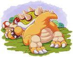  2016 3_toes anthro armlet bowser claws digital_media_(artwork) featureless_crotch grass hair horn koopa lying male mario_bros multicolored_scales mushroom naturally_censored nintendo nude on_front orange_scales overweight overweight_male plantigrade rear_view red_hair scales scalie shell signature sleeping soles solo spikes tan_scales teaselbone toe_claws toes video_games 