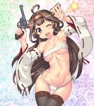  ;d ahoge bikini blush boots breasts brown_hair cameltoe commentary_request covered_nipples detached_sleeves double_bun enfield_no.2_mk1 gun hairband handgun hase_yu headgear heart heart_background holding holding_gun holding_weapon kantai_collection kongou_(kantai_collection) long_hair looking_at_viewer medium_breasts navel one_eye_closed open_mouth pose purple_eyes revolver ribbon-trimmed_sleeves ribbon_trim side-tie_bikini smile solo star swimsuit thigh_boots thigh_gap thighhighs trigger_discipline weapon webley_revolver white_bikini 