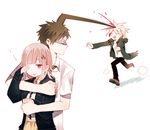  2boys danganronpa flipped_hair hair_ornament hinata_hajime hug hug_from_behind komaeda_nagito multiple_boys nanami_chiaki pink_eyes saliva shell_(shell518) short_hair sleepy super_danganronpa_2 